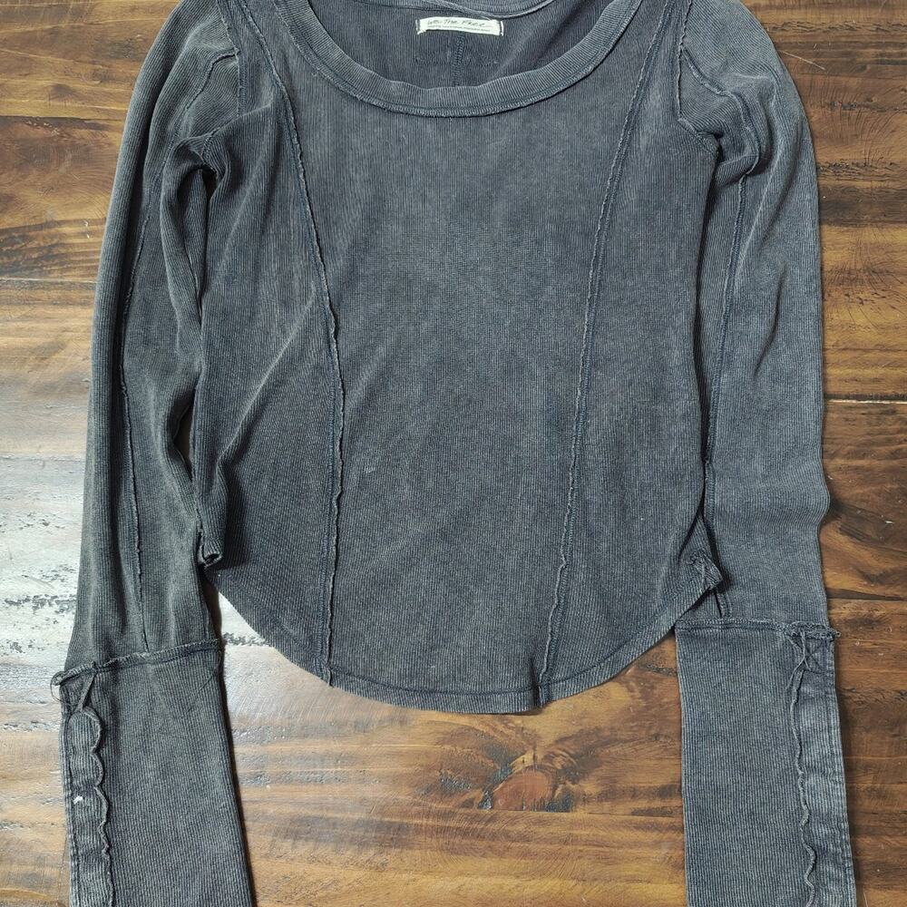Free People We The Free Charcoal Grey Ribbed Thermal Long Sleeve Top Medium